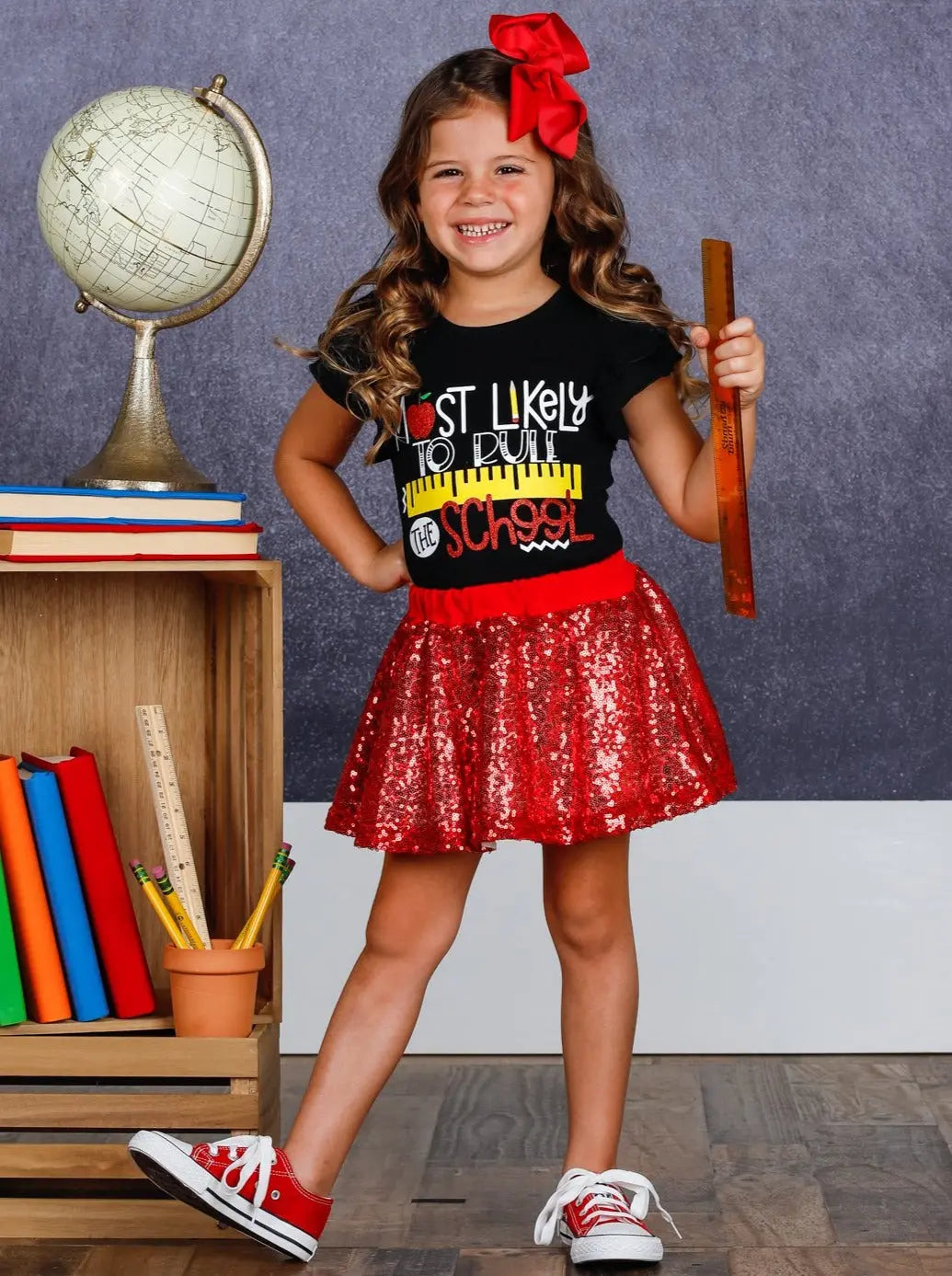 Girls 1st Day of School "Most Likely to Rule the School" Printed Flutter Sleeve Top and Sequin Skirt Set Mia Belle Girls