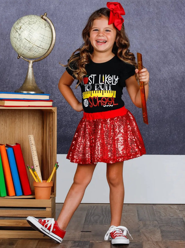 Girls 1st Day of School "Most Likely to Rule the School" Printed Flutter Sleeve Top and Sequin Skirt Set Mia Belle Girls