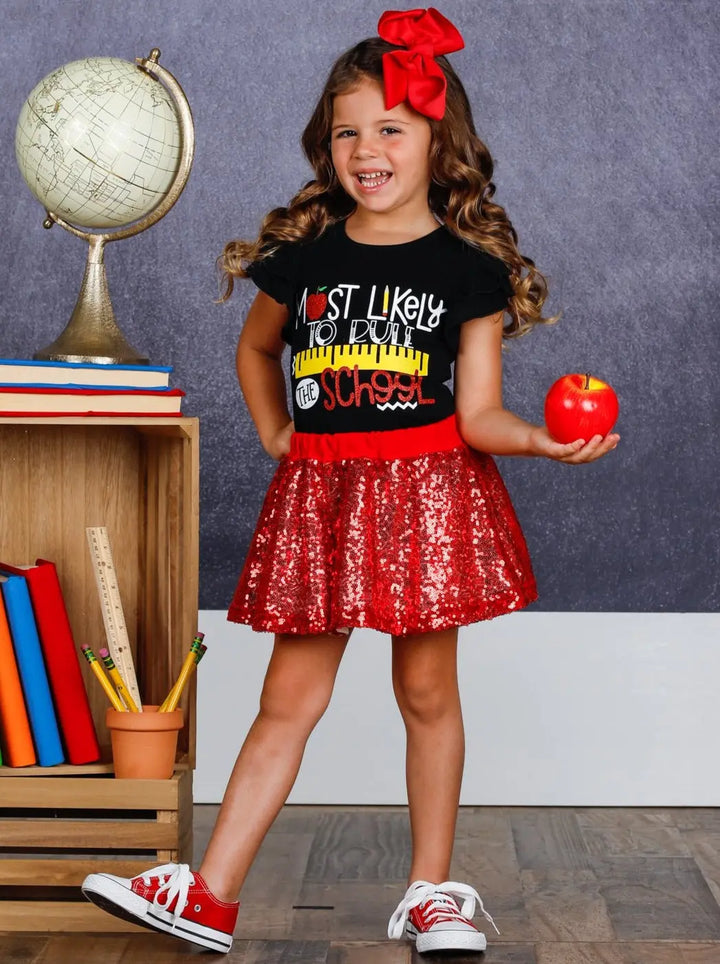 Girls 1st Day of School "Most Likely to Rule the School" Printed Flutter Sleeve Top and Sequin Skirt Set Mia Belle Girls