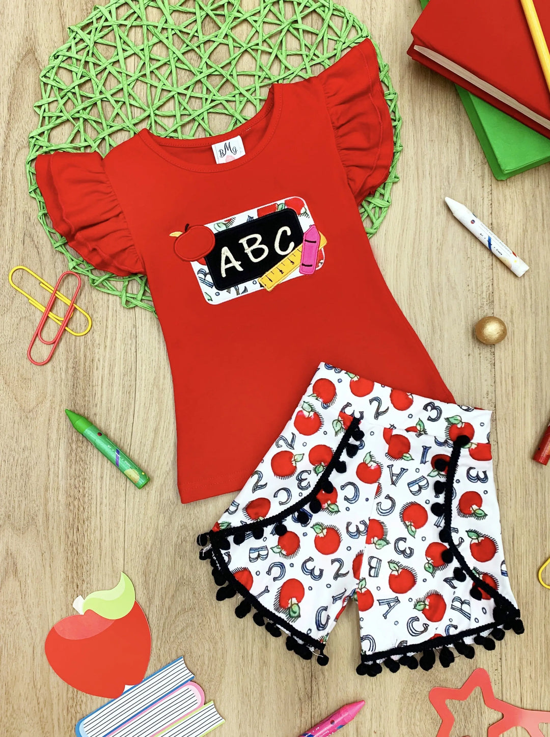 Girls 1st Day of School "ABC" Flutter Sleeve Top And Pom Pom Numbers And Letters Printed Short Set Mia Belle Girls