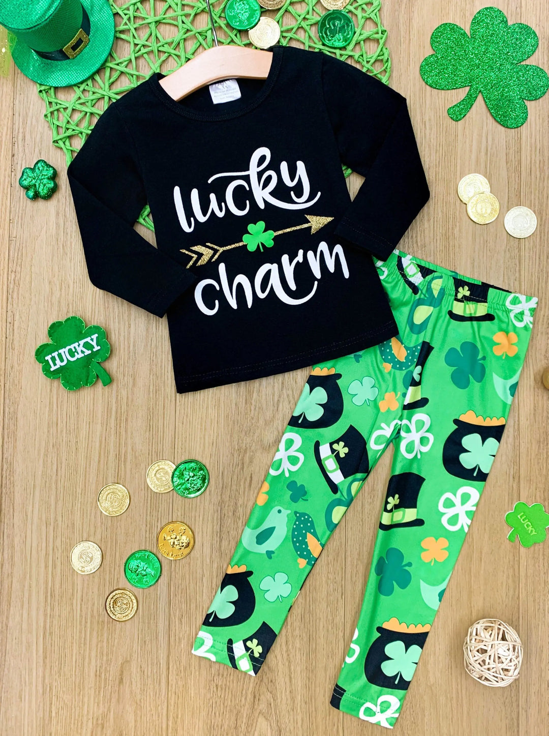 St. Patrick's Day Outfit | Girls Lucky Charm Top & Clover Legging Set