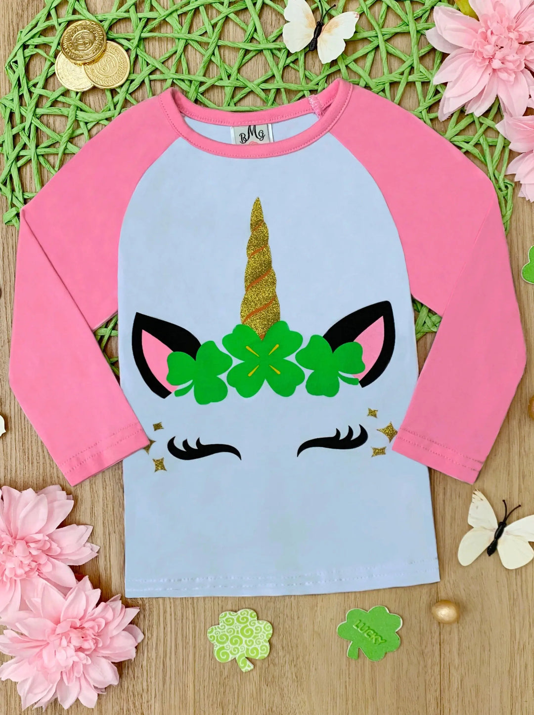 St. Patrick's Day Clothes | Little Girls Unicorn Raglan Sleeved Top