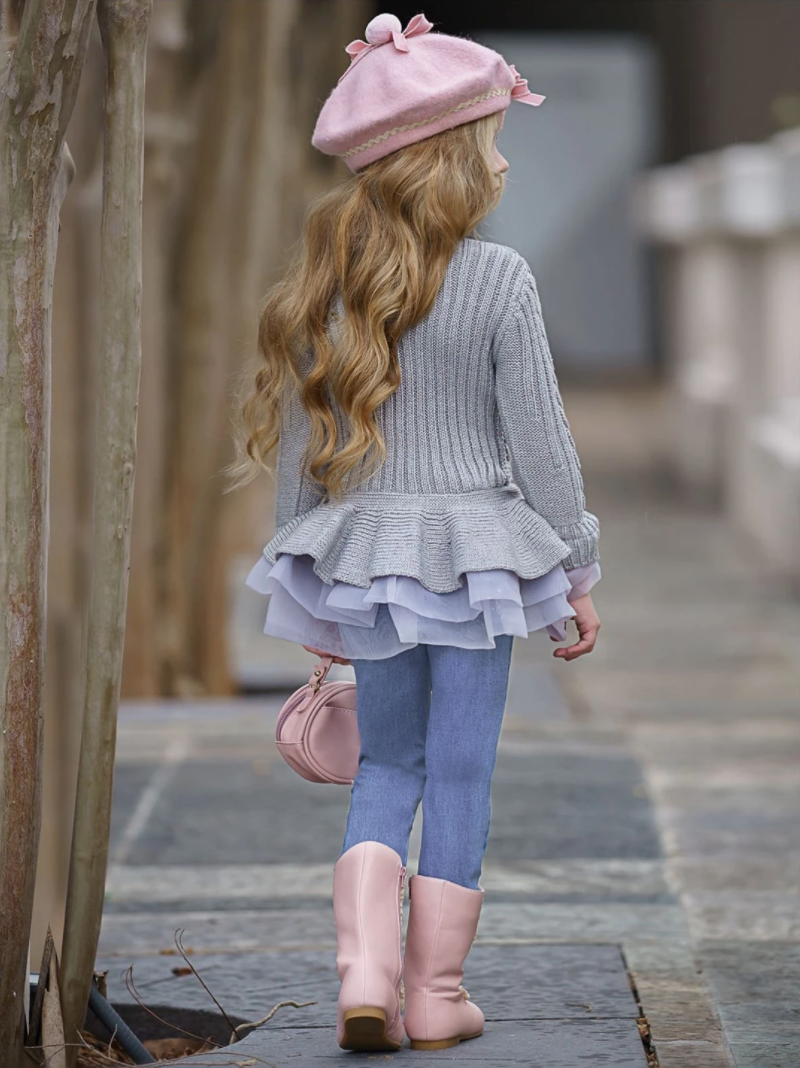Little Girls Fall Grey Cable Knit Peplum Tutu Sweater - Mia Belle Girls