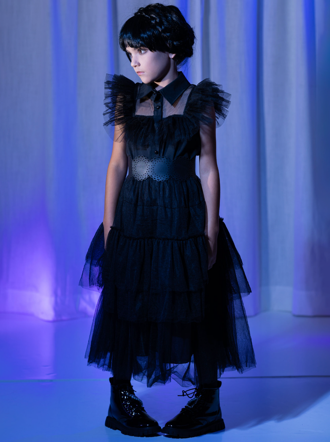 Gothic Academy Prom Dance Costume Dress with Belt Black / 7Y