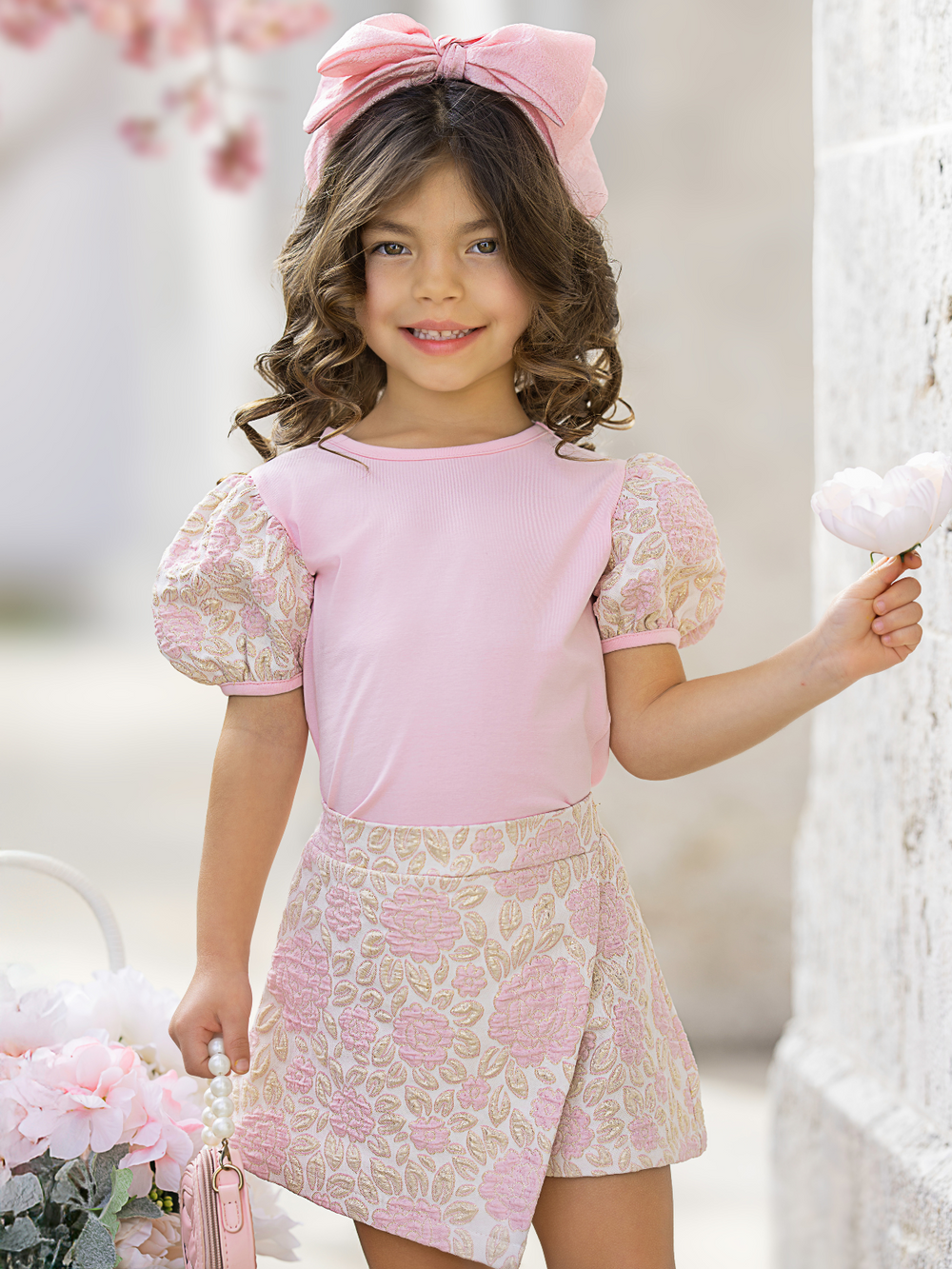 Shimmer in Spring Puff Sleeve Top & Metallic Floral Skort Set