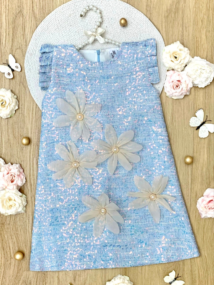 Blue Sequin Daisy Pearl-Accent Shift Dress