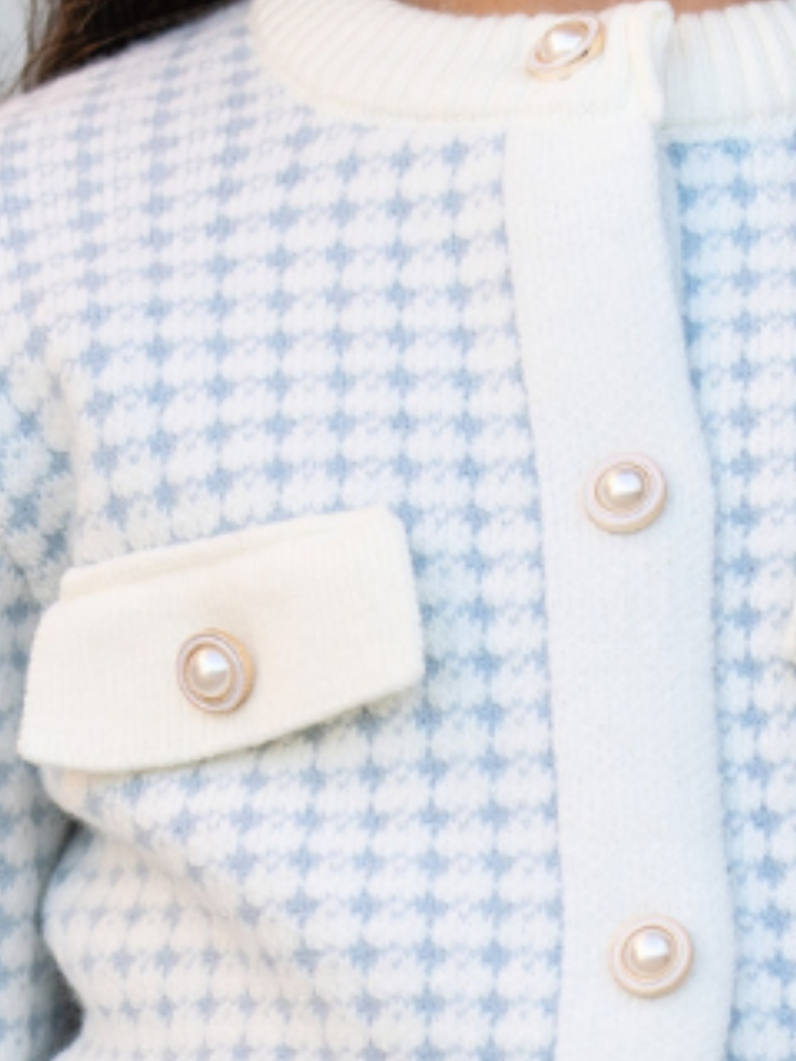 Light Blue Houndstooth Knit Cardigan and Ruffle Skirt Set