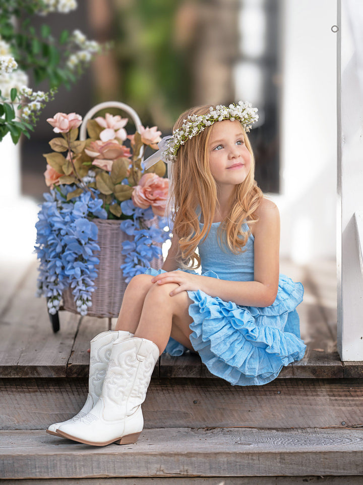 Sky Blue Linen Halter Top and Skirt Set