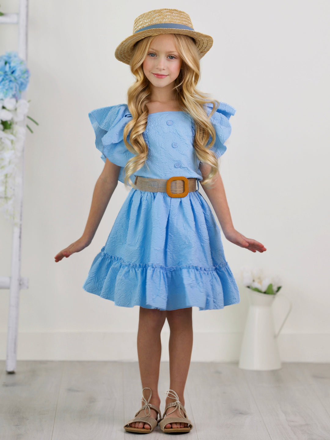 Sky Blue Ruffle Sleeve Belted Skirt Set