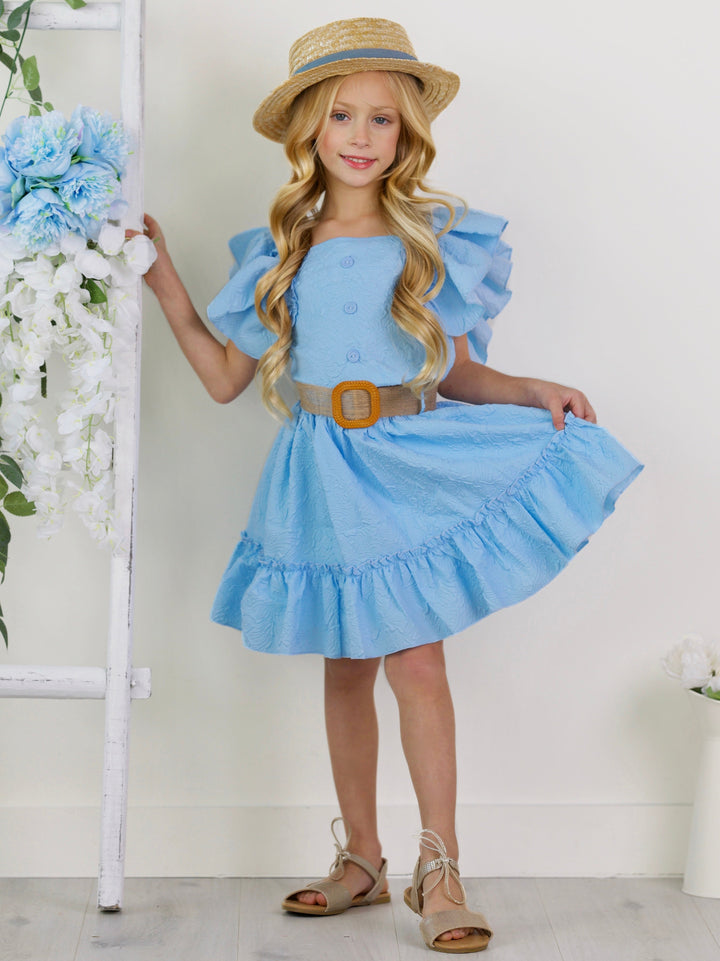 Sky Blue Ruffle Sleeve Belted Skirt Set