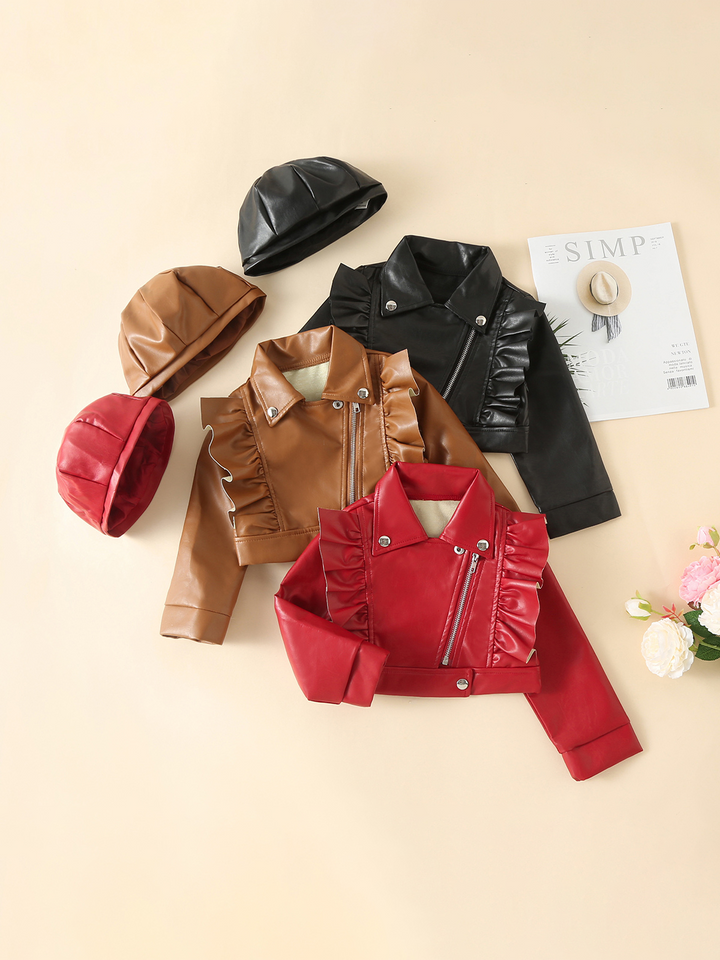 Stylin' Ruffle Trim PU Crop Jacket and Hat Set Mia Belle Girls
