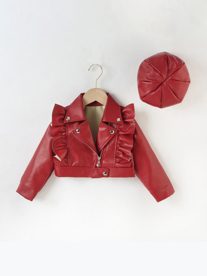 Stylin' Ruffle Trim PU Crop Jacket and Hat Set Mia Belle Girls