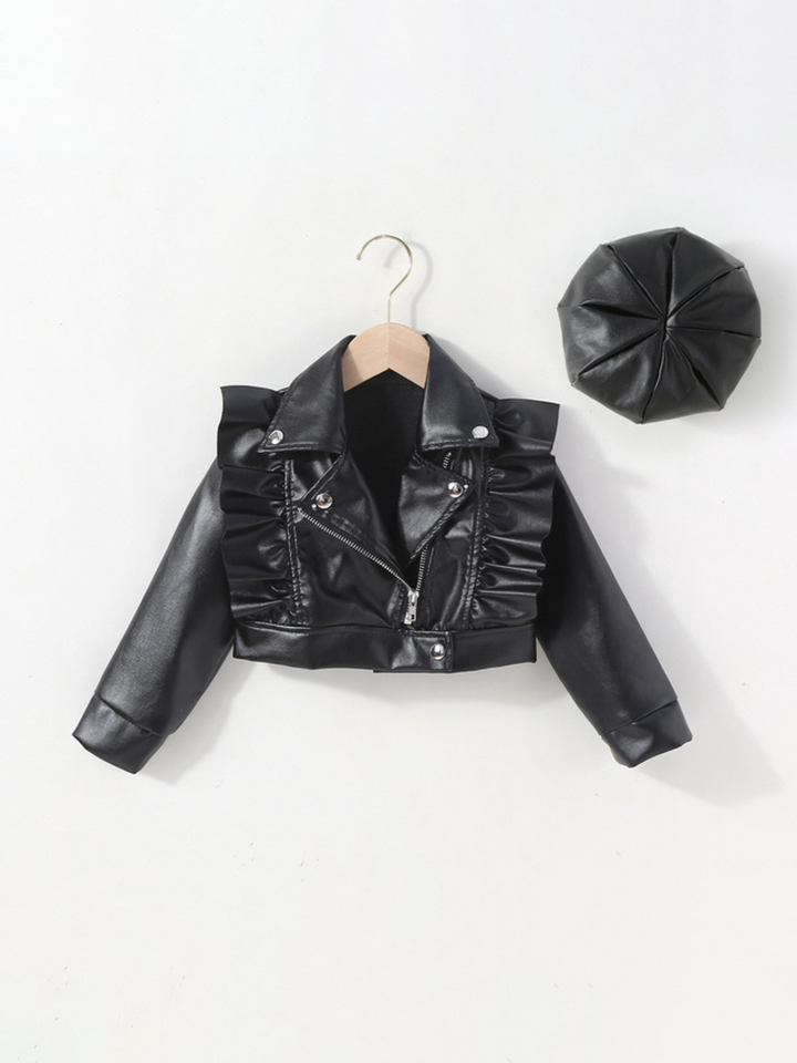 Stylin' Ruffle Trim PU Crop Jacket and Hat Set Mia Belle Girls
