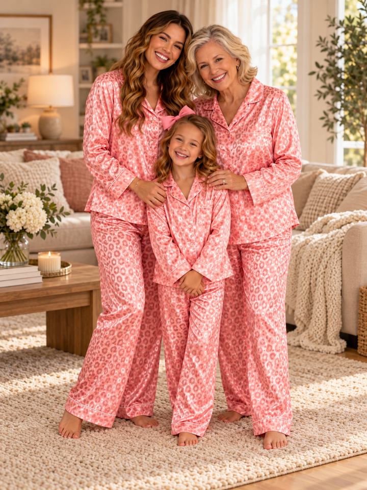 Family Matching Pink Leopard Print Silky 2-Piece Pajama Set