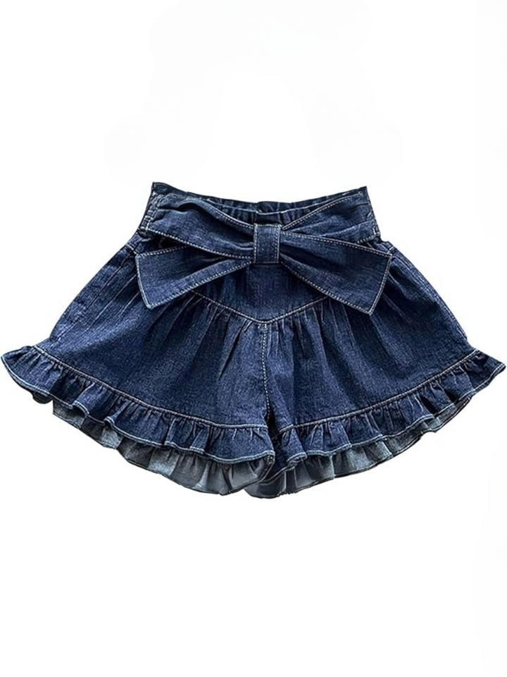 Ruffle Hem Bow Soft Denim Shorts