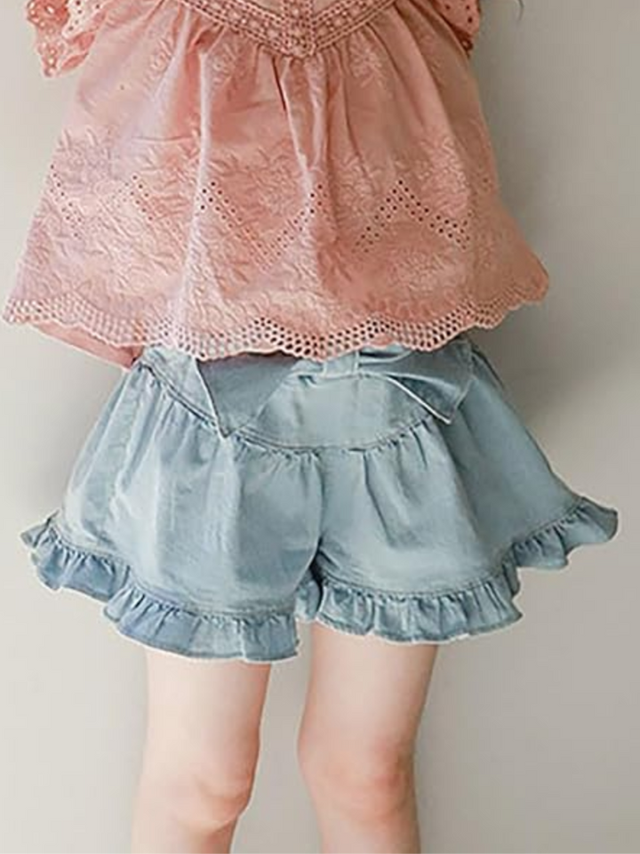 Ruffle Hem Bow Soft Denim Shorts
