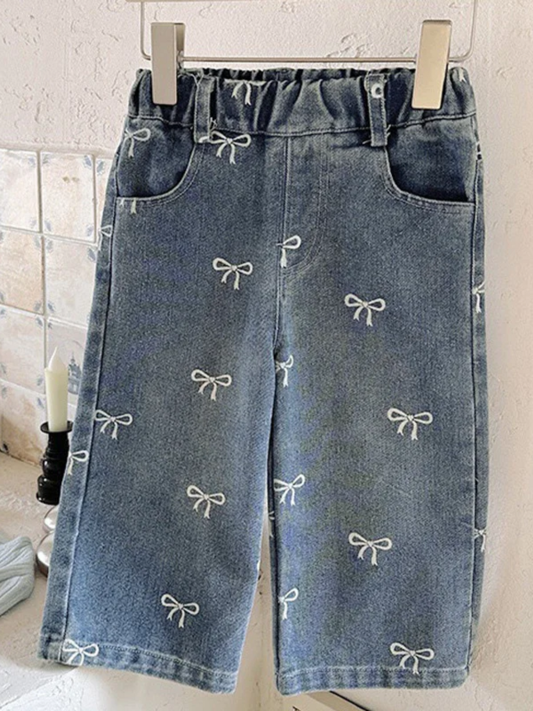 Girls Bow Print Wide Leg Jeans