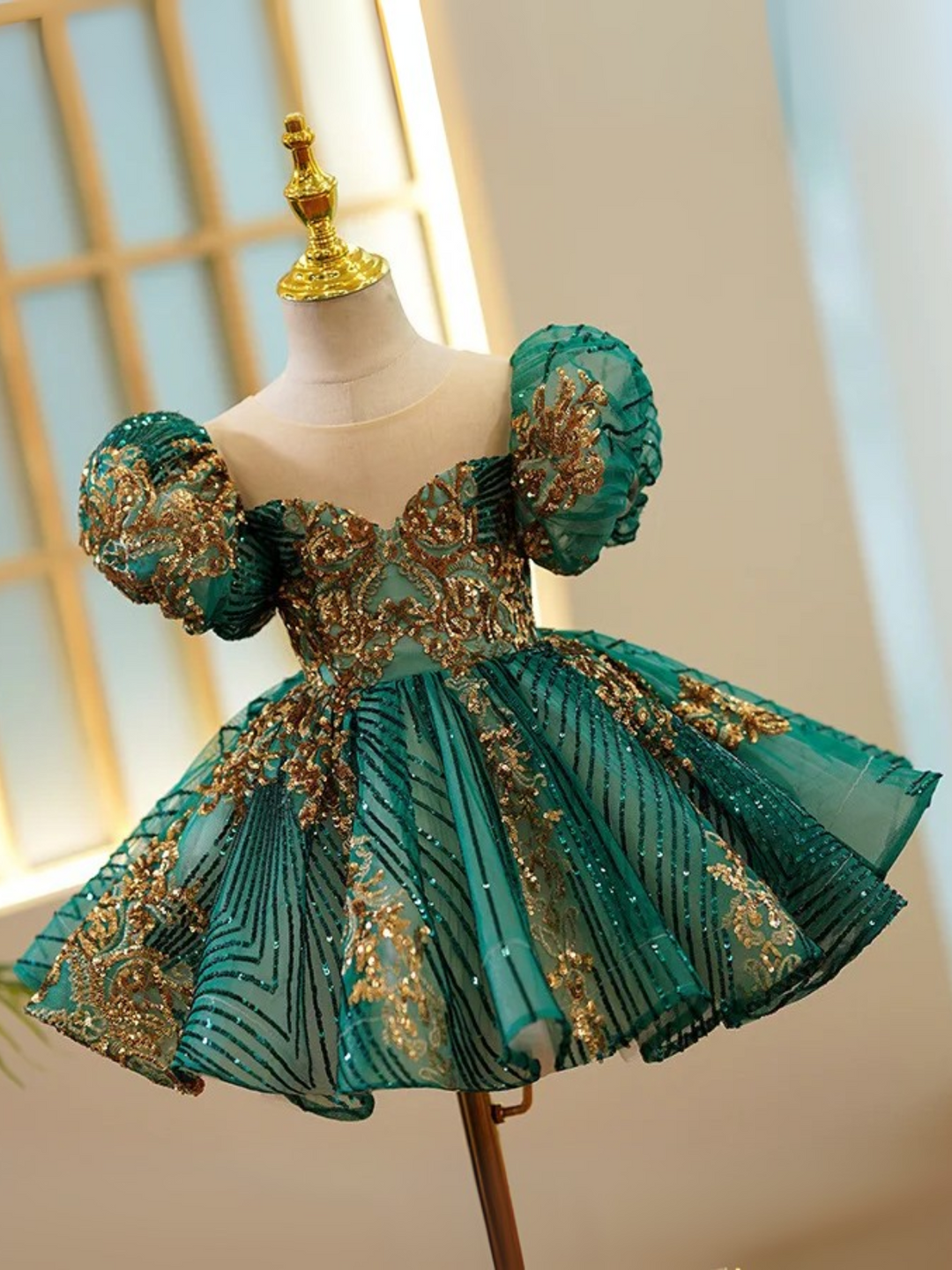 Enchanting Sequin Puff Sleeve Special Occasion Dress Green / 12MON