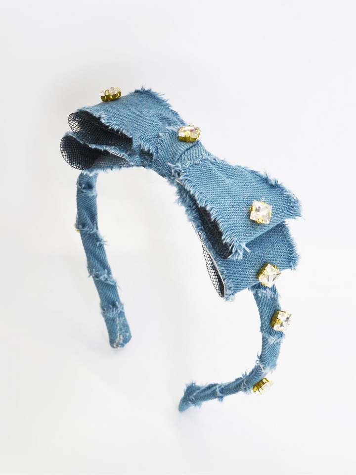 Festive Denim Diamond-Embedded Bow Headband Mia Belle Girls