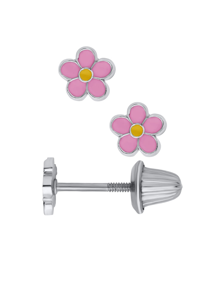 Girls Premium Pink Daisy Flower Silver Stud Earrings