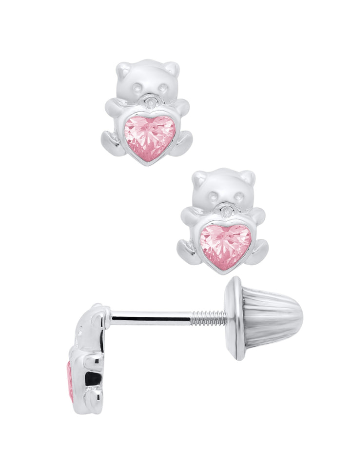 Girls Premium Sterling Silver Pink Teddy Bear Stud Earrings