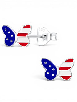 Sterling Silver USA Flag Butterfly Stud Earrings