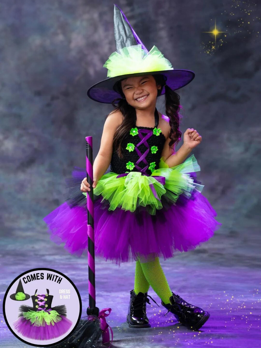 Girls Neon Witch Tutu Costume Dress with Hat Mia Belle Girls