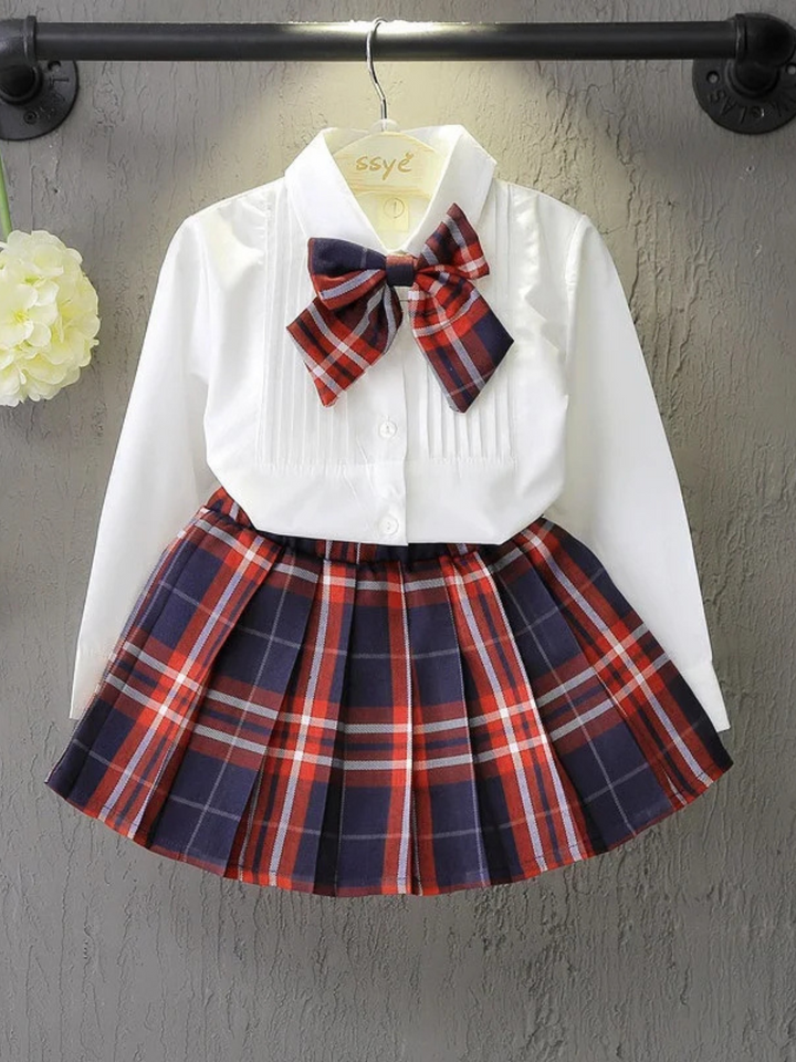 Preppy Plaid Bow Top & Pleated Skirt Set