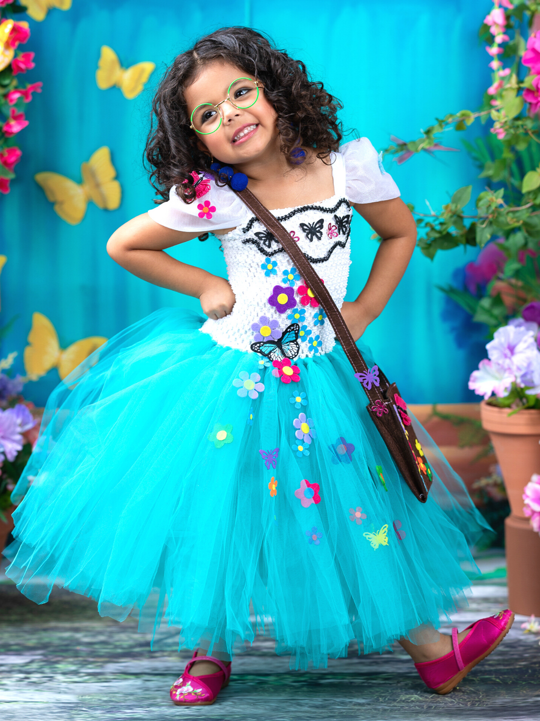Magical Casita Girl Floral Tutu Costume Dress with Bag Turquoise / 10Y