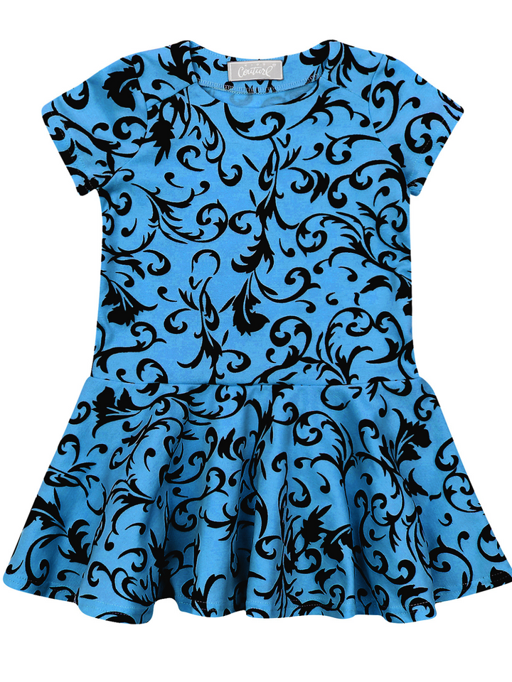 Kids Couture x Mia Belle Girls Blue Black Velvet Brocade Vine Dress