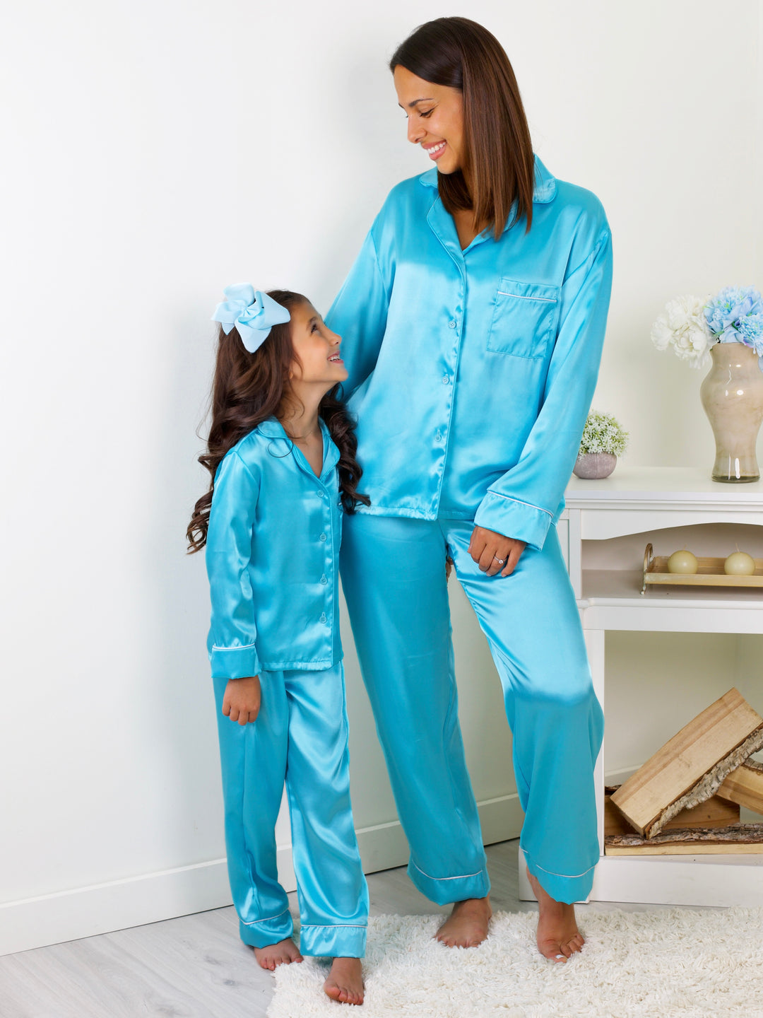 Womens Turquoise Silk Pant Pajama Set