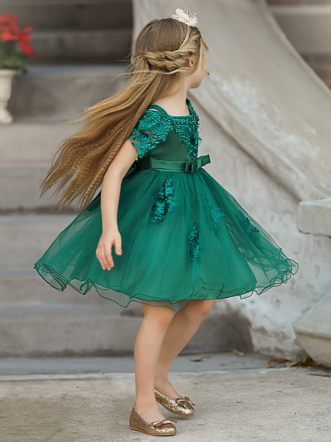 Girls Christmas Dresses | Off Shoulder Lace Applique Holiday Dress