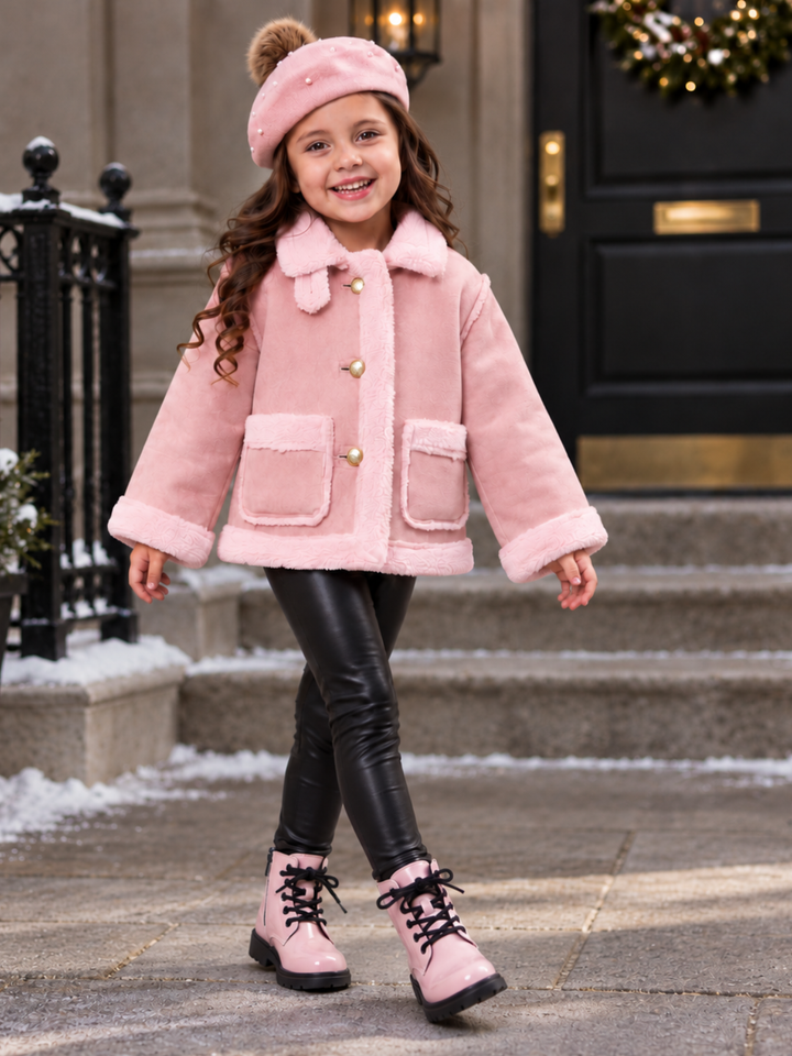Girls Cozy Blush Faux Fur Trim Winter Jacket