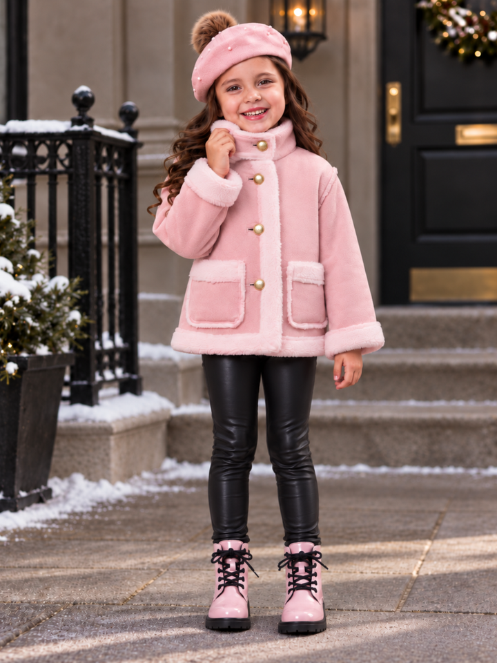 Girls Cozy Blush Faux Fur Trim Winter Jacket
