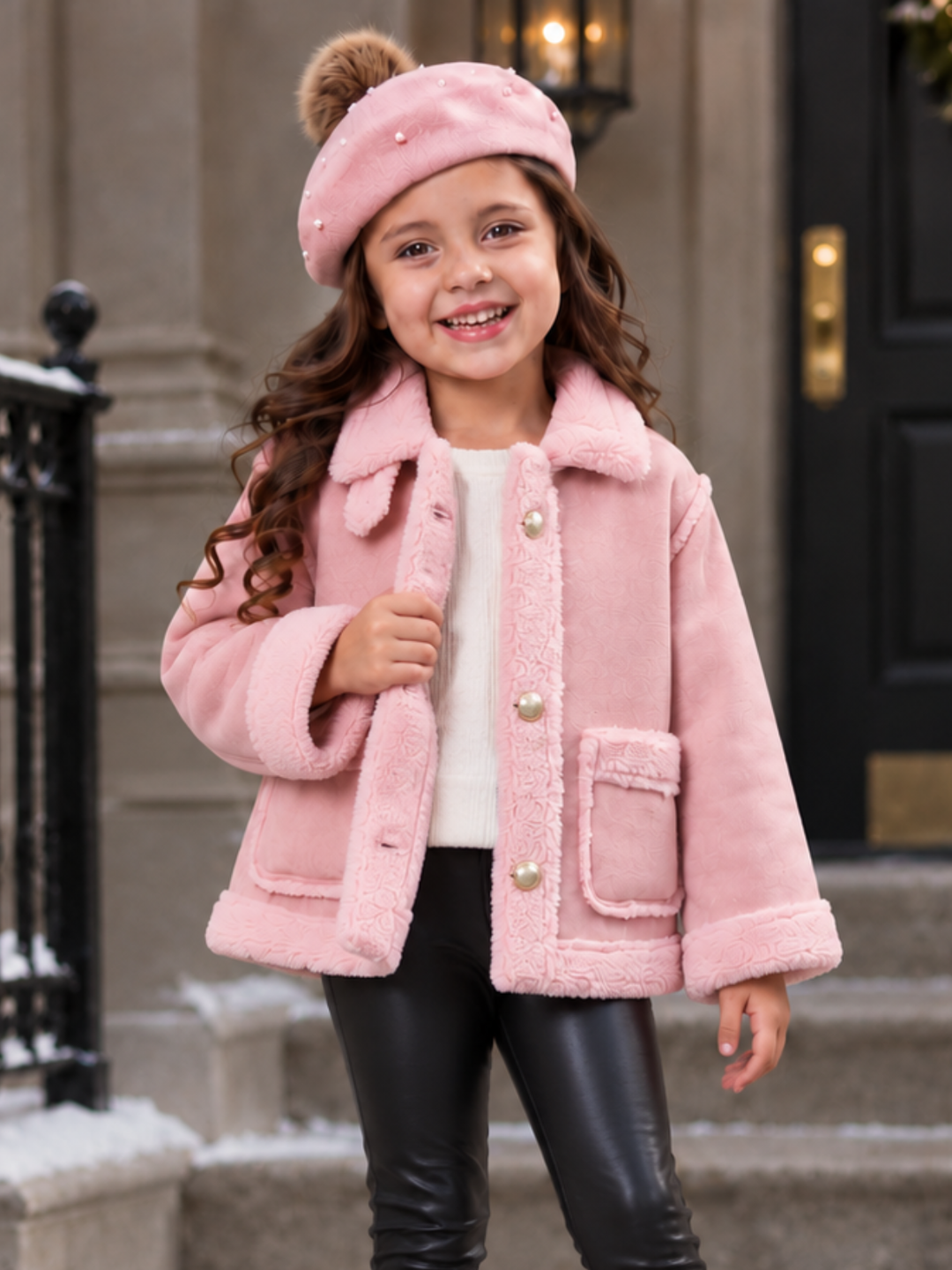 Girls Cozy Blush Faux Fur Trim Winter Jacket