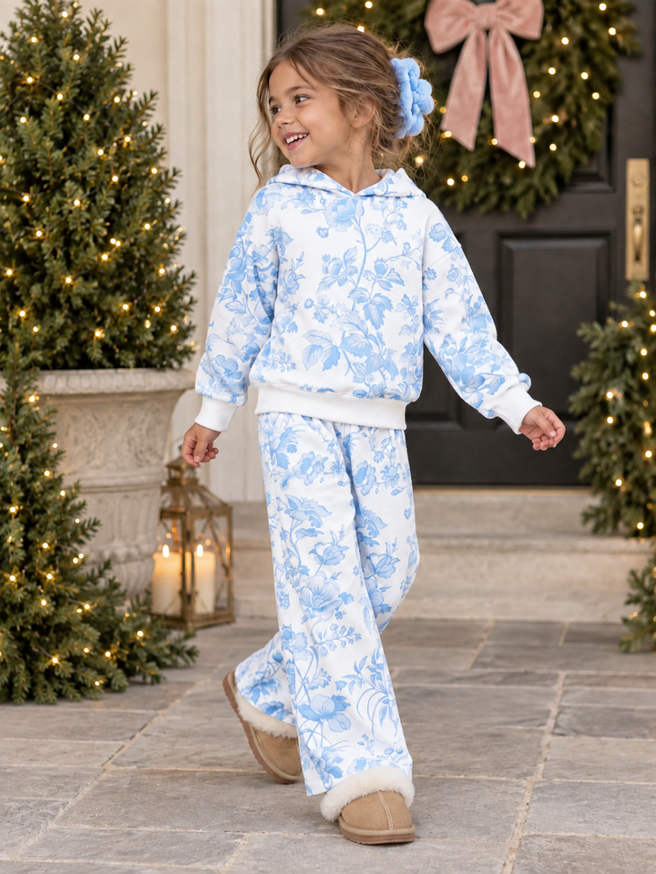 Blue Damask Floral Cotton Hoodie & Fleece Sweatpant Set