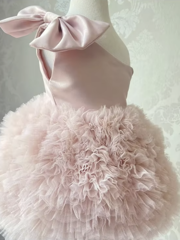 One Shoulder Bow Ruffle Tulle Dress