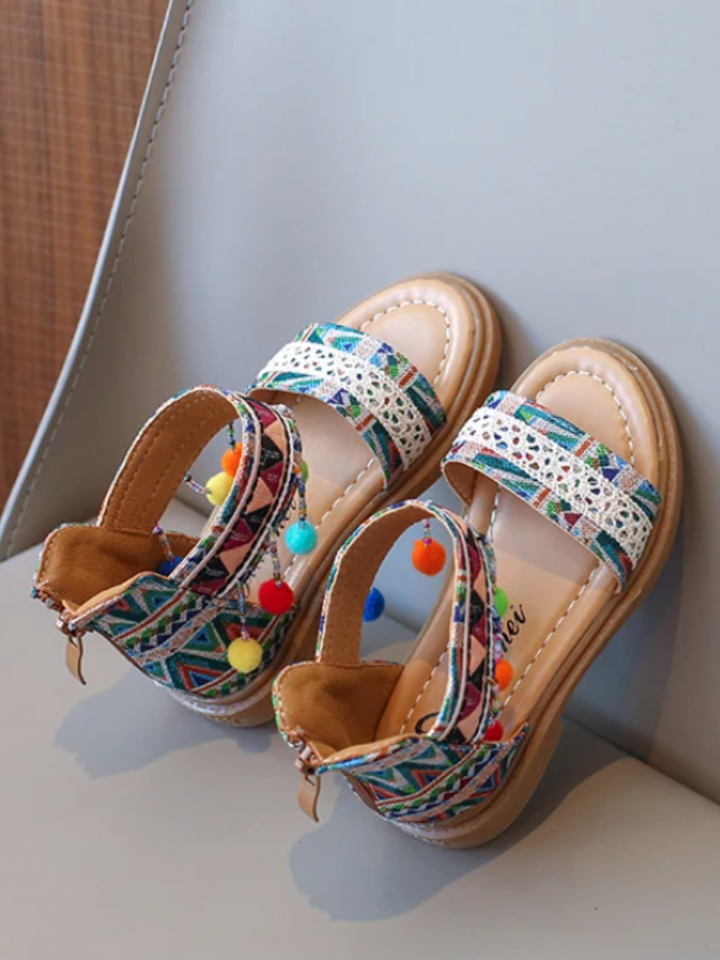 Girls' Boho Tribal Print Sandals with Pom-Poms By Liv and Mia Mia Belle Girls