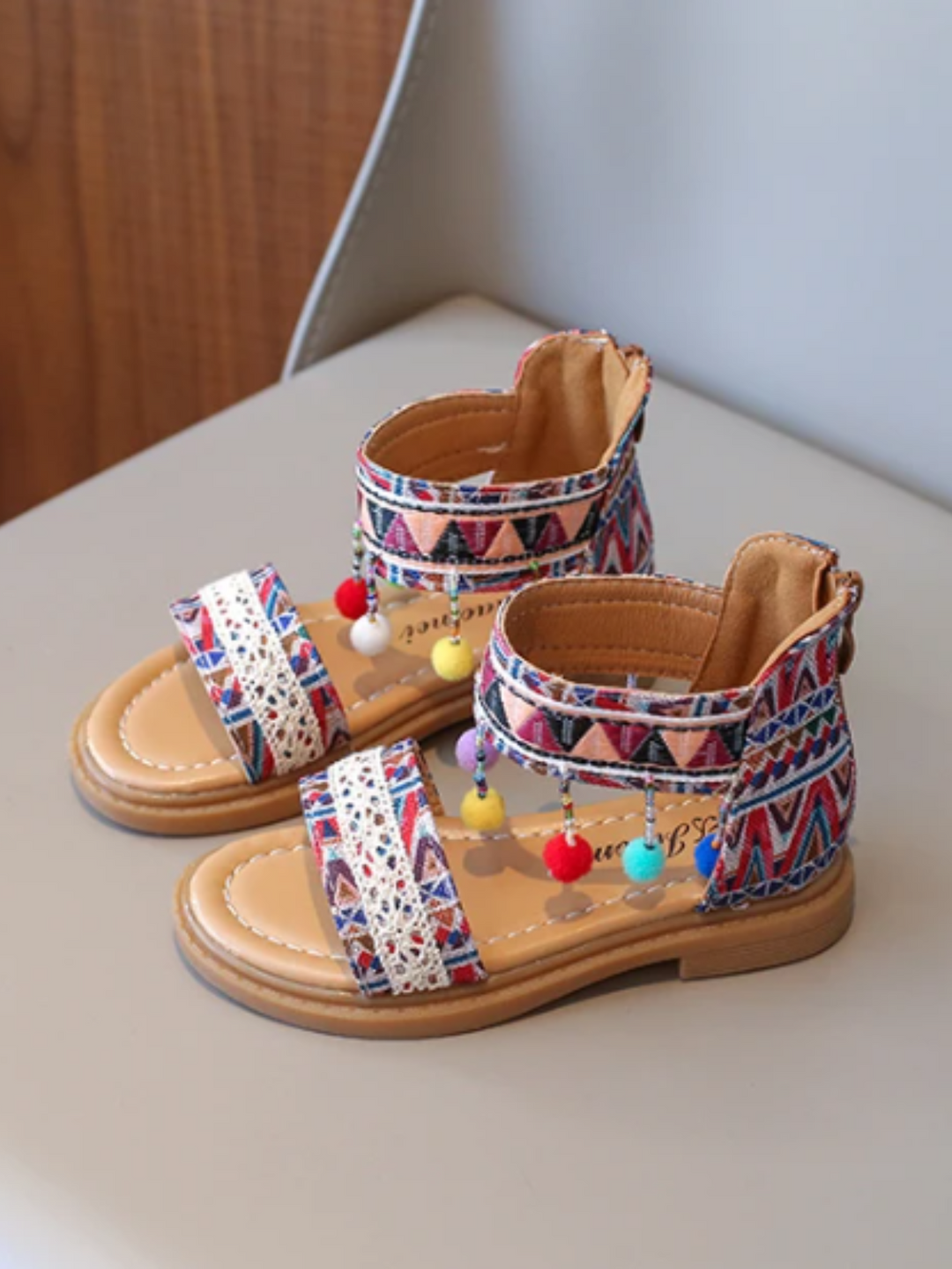 Girls' Boho Tribal Print Sandals with Pom-Poms By Liv and Mia Mia Belle Girls