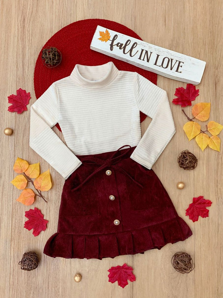White Ribbed Turtleneck Top and Button Front Skirt Set Mia Belle Girls