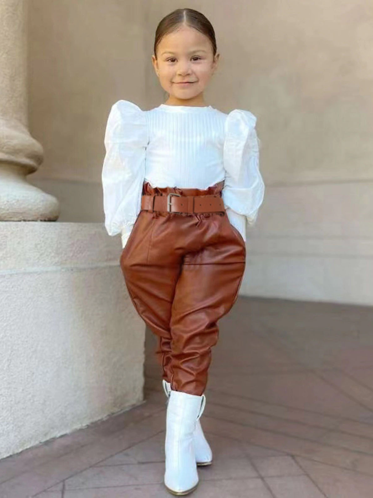 Mia Belle Girls Puff Sleeve Top & Vegan Leather Pants Set