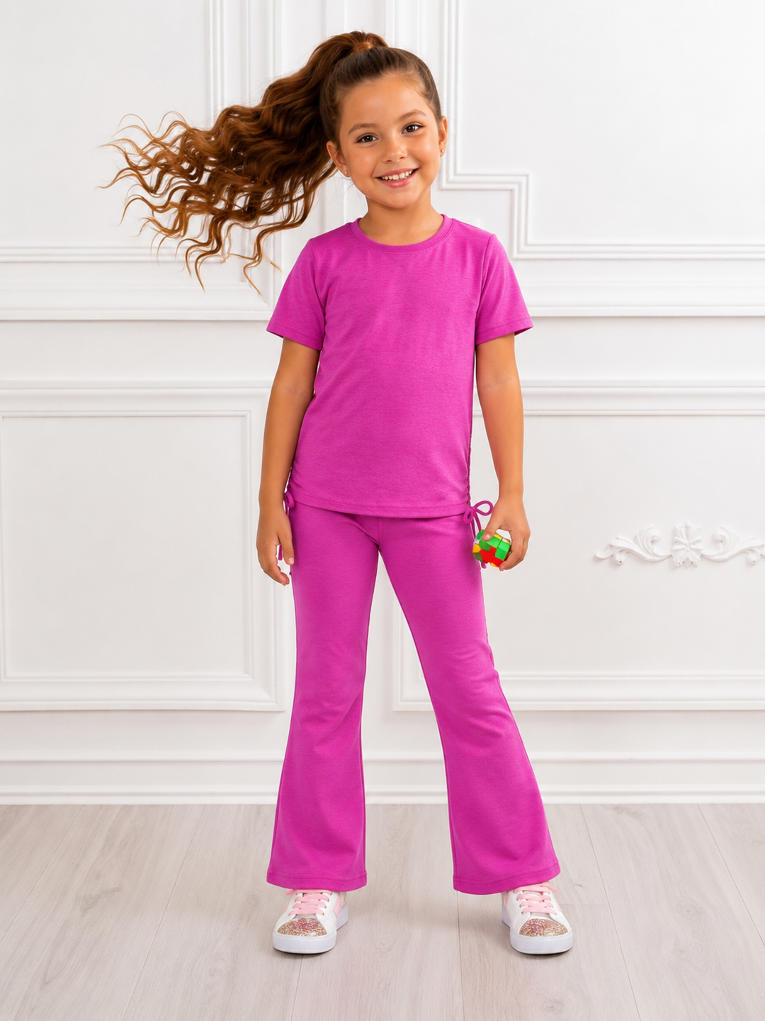 Everyday Stretch Pink Side-Ruched Tee & Flare Pant Set