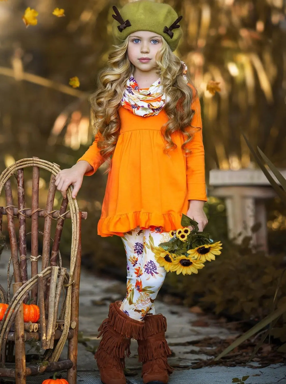 Mia Belle Girls Fall Floral Tunic, Legging & Scarf Set | Girls Sets