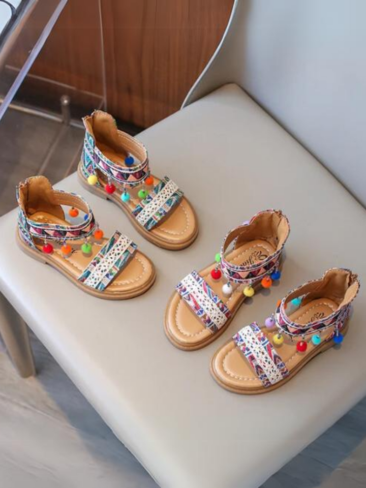 Girls' Boho Tribal Print Sandals with Pom-Poms By Liv and Mia Mia Belle Girls