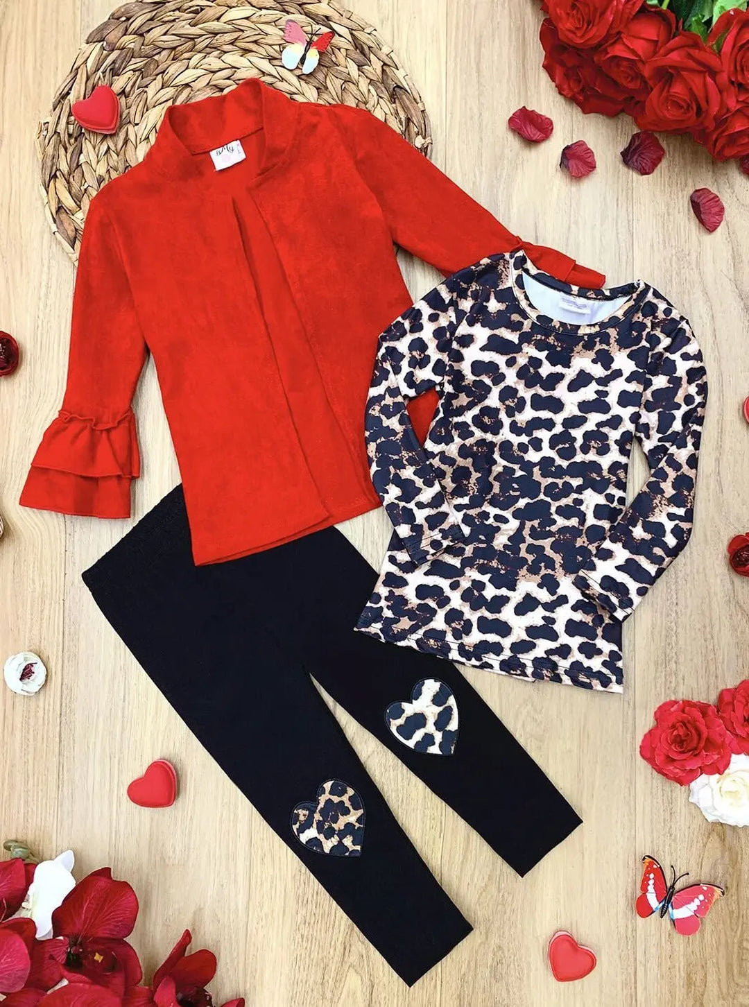 Little Girls Fall Leopard Top, Leggings & Jacket Set - Mia Belle Girls