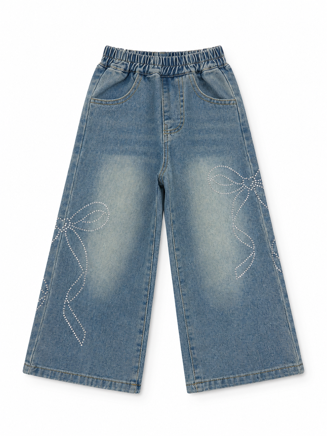 Rhinestone Bow Wide Leg Denim Jeans