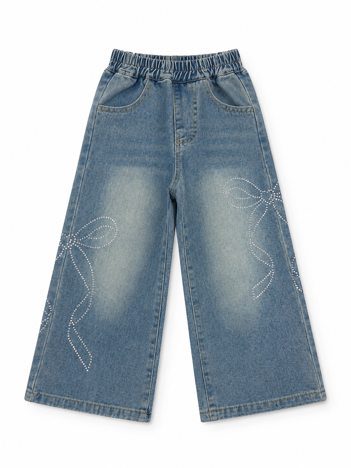 Rhinestone Bow Wide Leg Denim Jeans