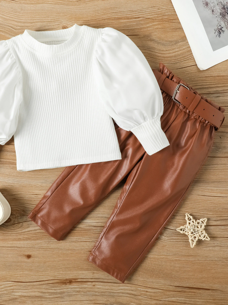 Mia Belle Girls Puff Sleeve Top & Vegan Leather Pants Set