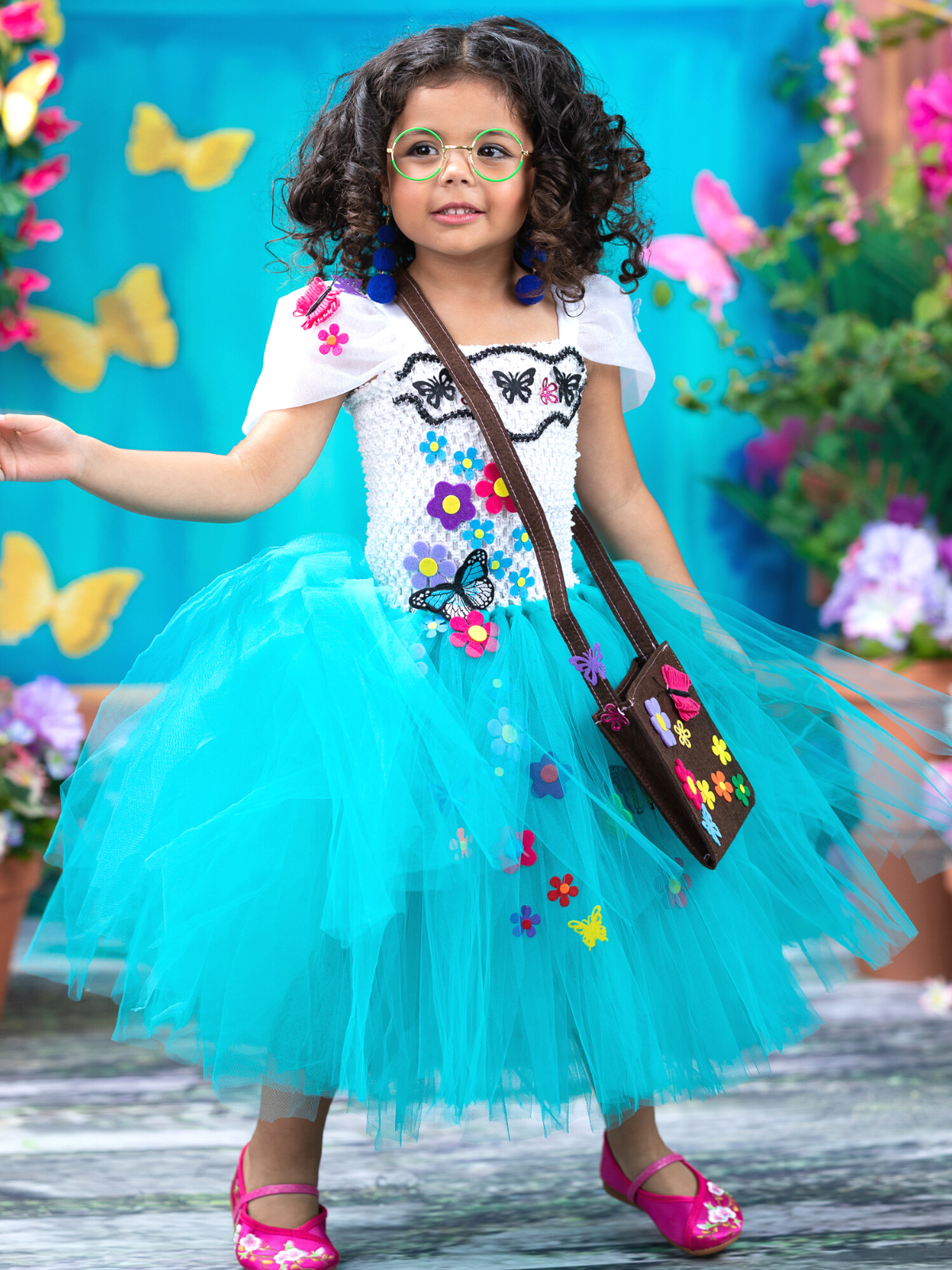 Magical Casita Girl Floral Tutu Costume Dress with Bag Turquoise / 10Y