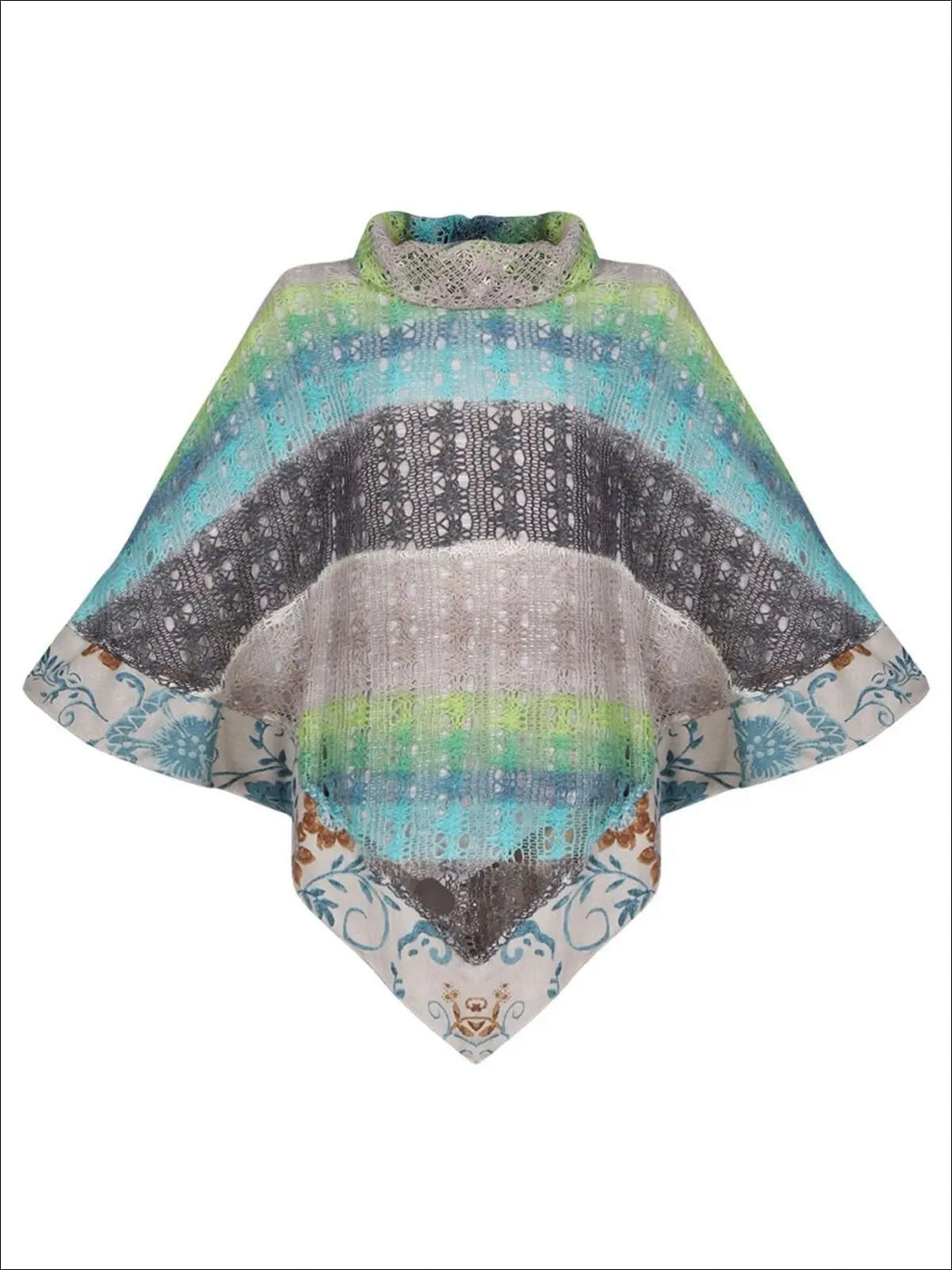 Girl Knit Turtle Neck Crochet Tasseled Poncho Top - Blue / 2T/3T - Girls Poncho